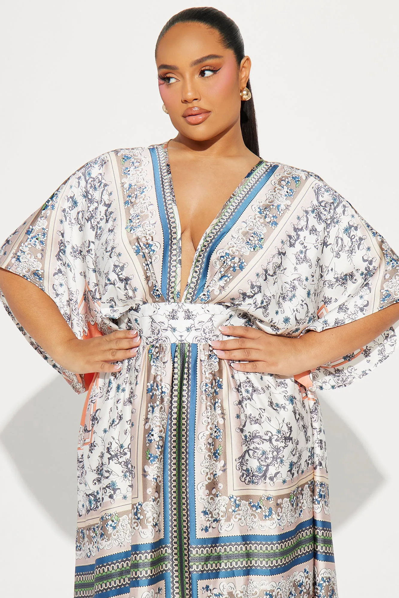 Ashley Satin Kaftan Maxi Dress - Blue/combo