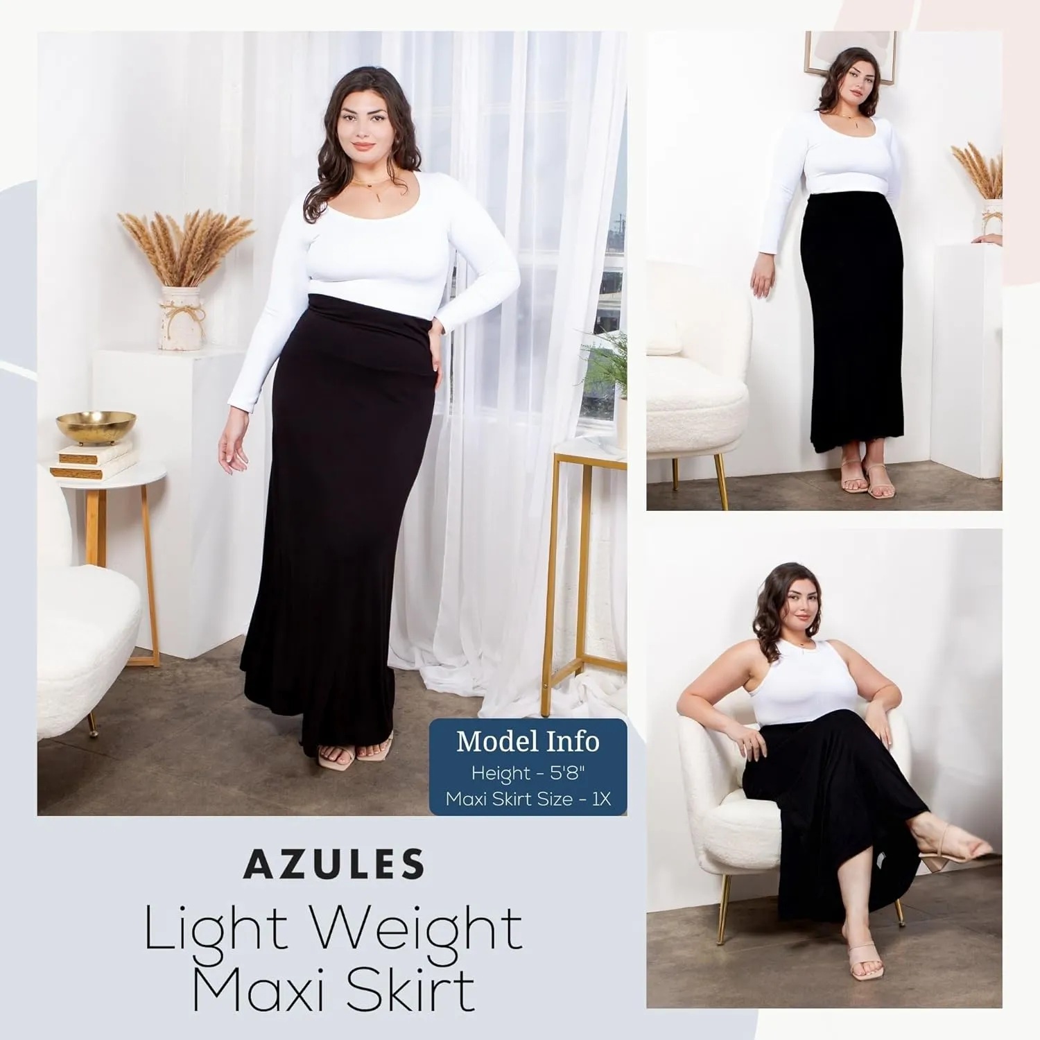 Azules High Waisted Maxi Skirts for Women - Standard & Plus Size Ankle Length Skirt - Formal & Casual Long Skirt for Women