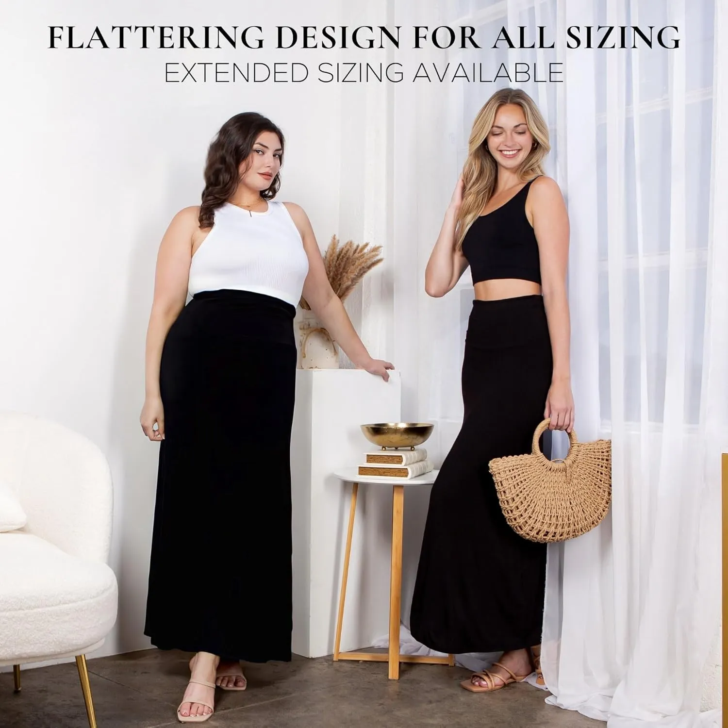 Azules High Waisted Maxi Skirts for Women - Standard & Plus Size Ankle Length Skirt - Formal & Casual Long Skirt for Women