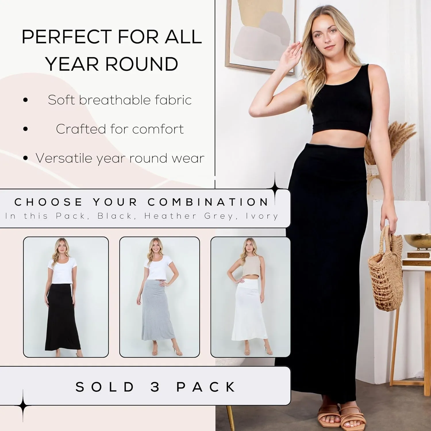 Azules High Waisted Maxi Skirts for Women - Standard & Plus Size Ankle Length Skirt - Formal & Casual Long Skirt for Women