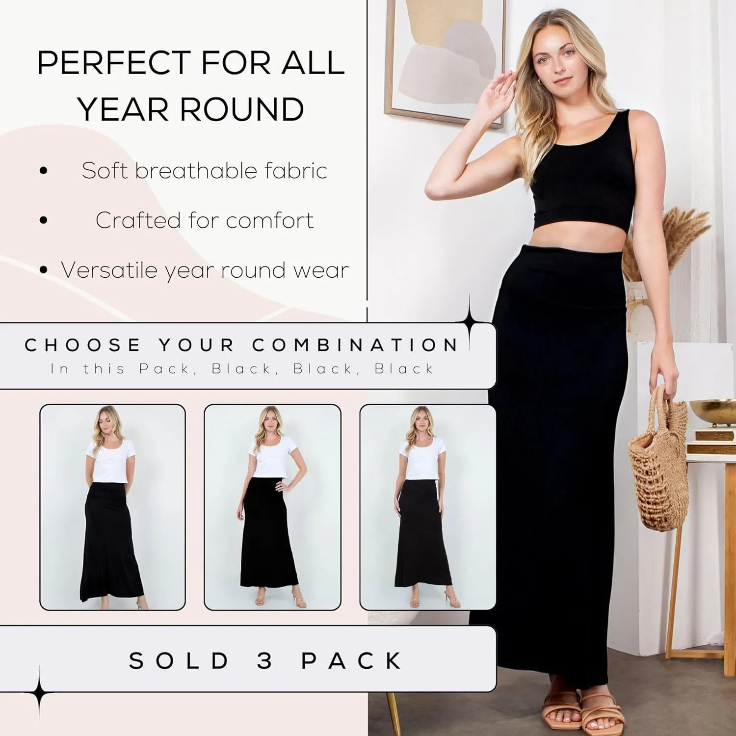 Azules High Waisted Maxi Skirts for Women - Standard & Plus Size Ankle Length Skirt - Formal & Casual Long Skirt for Women