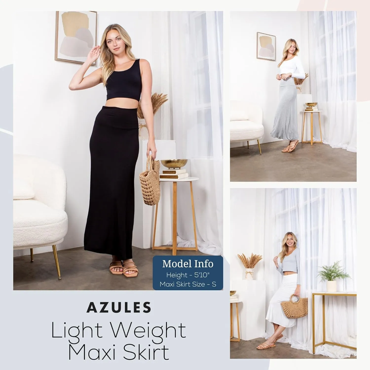 Azules High Waisted Maxi Skirts for Women - Standard & Plus Size Ankle Length Skirt - Formal & Casual Long Skirt for Women