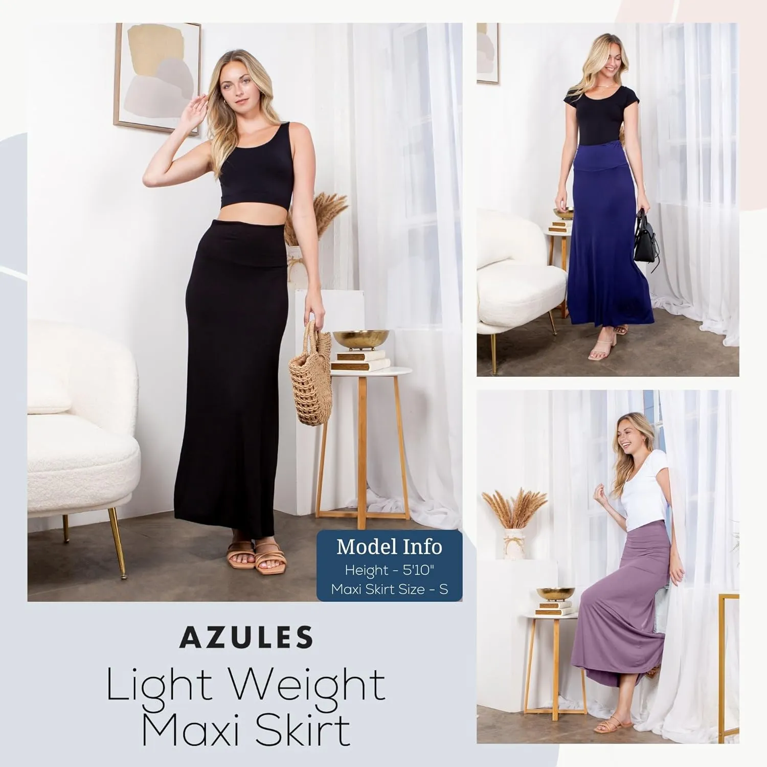 Azules Women's Maxi Skirt: Elegant, Soft, Stretchy Flowy Rayon Boho, High Waist Fold Over ?C Versatile for Any Occasion.