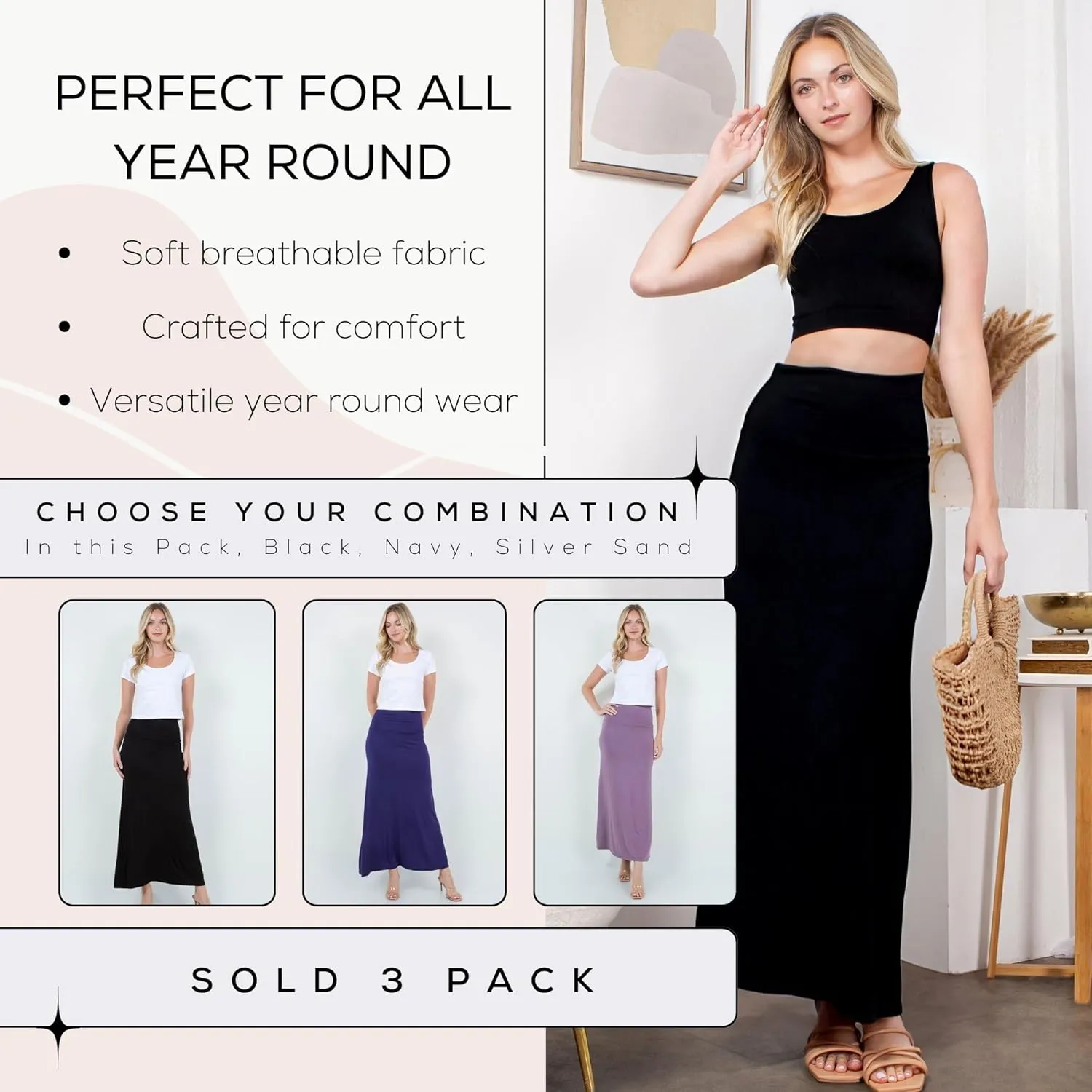 Azules Women's Maxi Skirt: Elegant, Soft, Stretchy Flowy Rayon Boho, High Waist Fold Over ?C Versatile for Any Occasion.