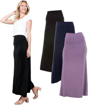 Azules Women's Maxi Skirt: Elegant, Soft, Stretchy Flowy Rayon Boho, High Waist Fold Over ?C Versatile for Any Occasion.