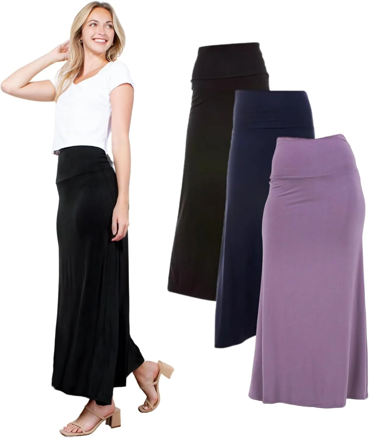 Azules Women's Maxi Skirt: Elegant, Soft, Stretchy Flowy Rayon Boho, High Waist Fold Over ?C Versatile for Any Occasion.