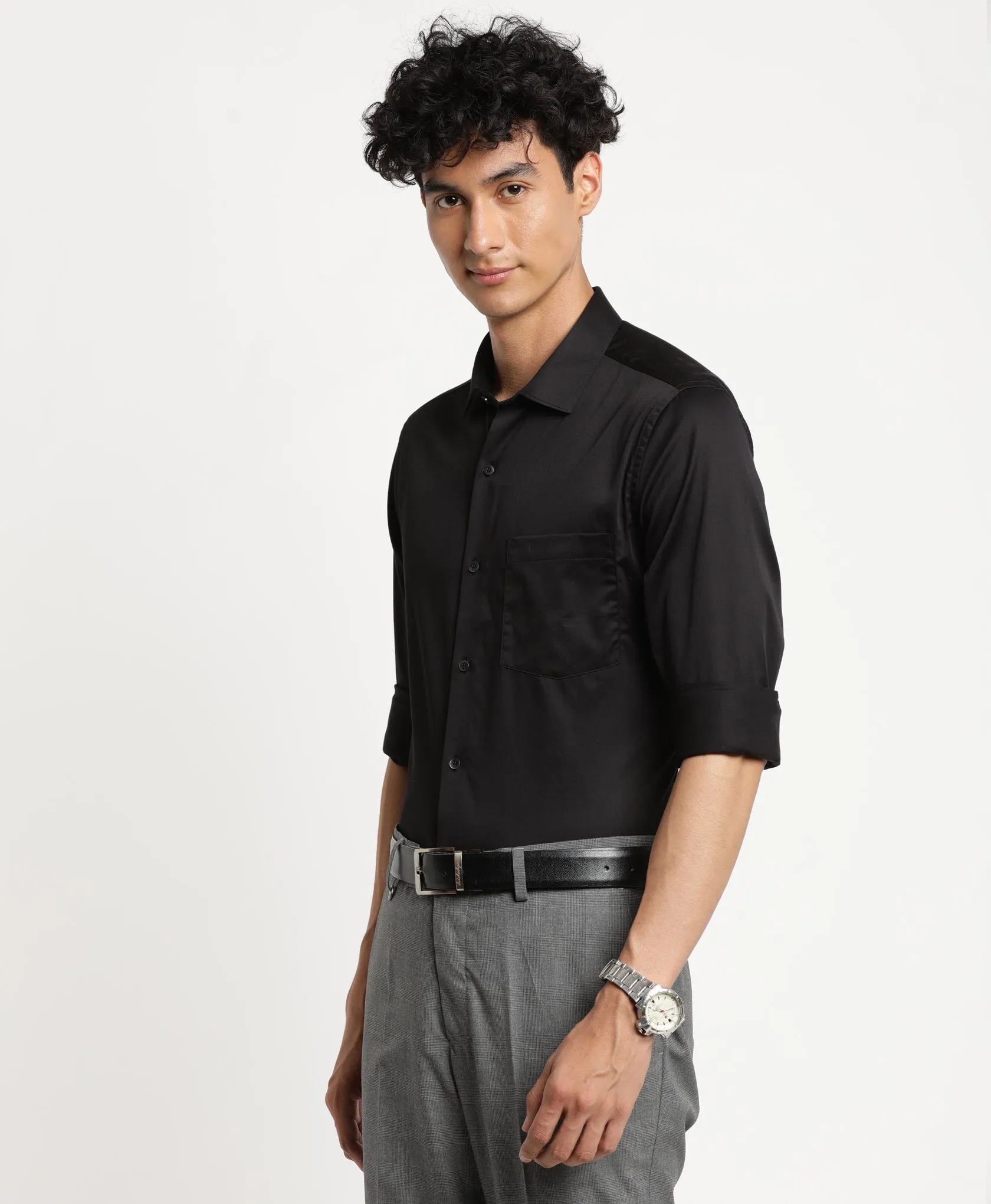 Black Cotton Solid Slim Fit Ceremonial Shirts