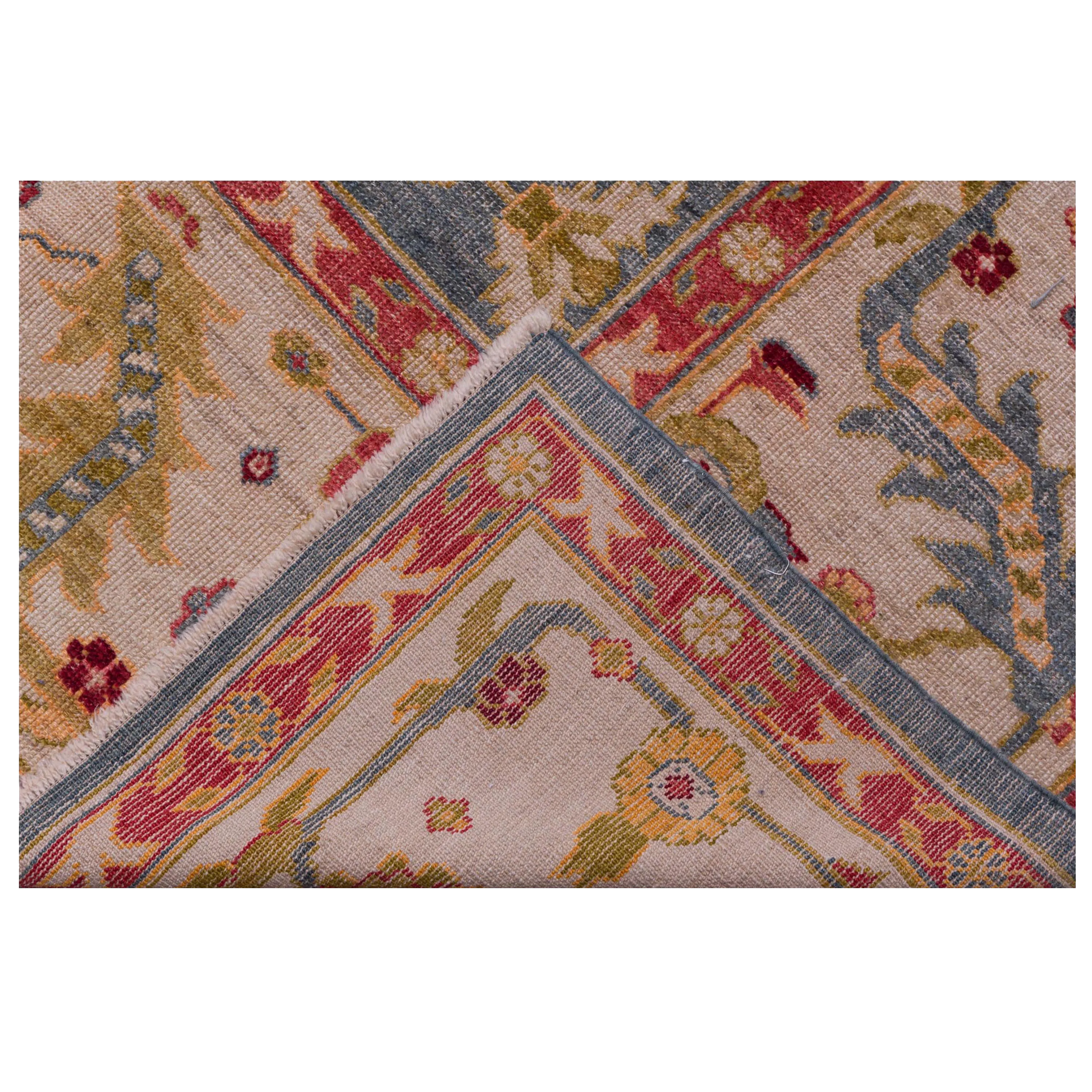 Blue and Red Oushak Angora Wool Rug - 13'7" x 17'