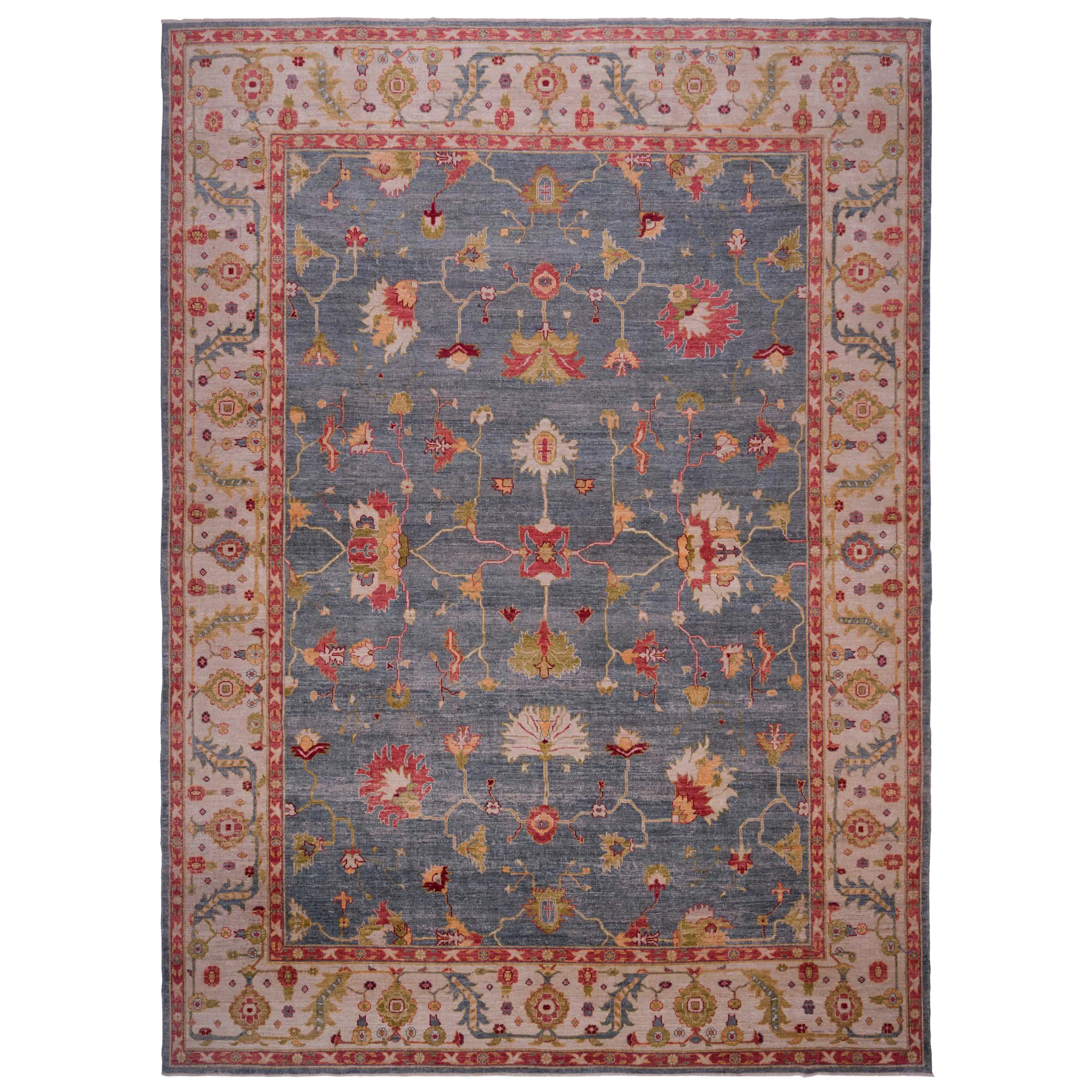 Blue and Red Oushak Angora Wool Rug - 13'7" x 17'
