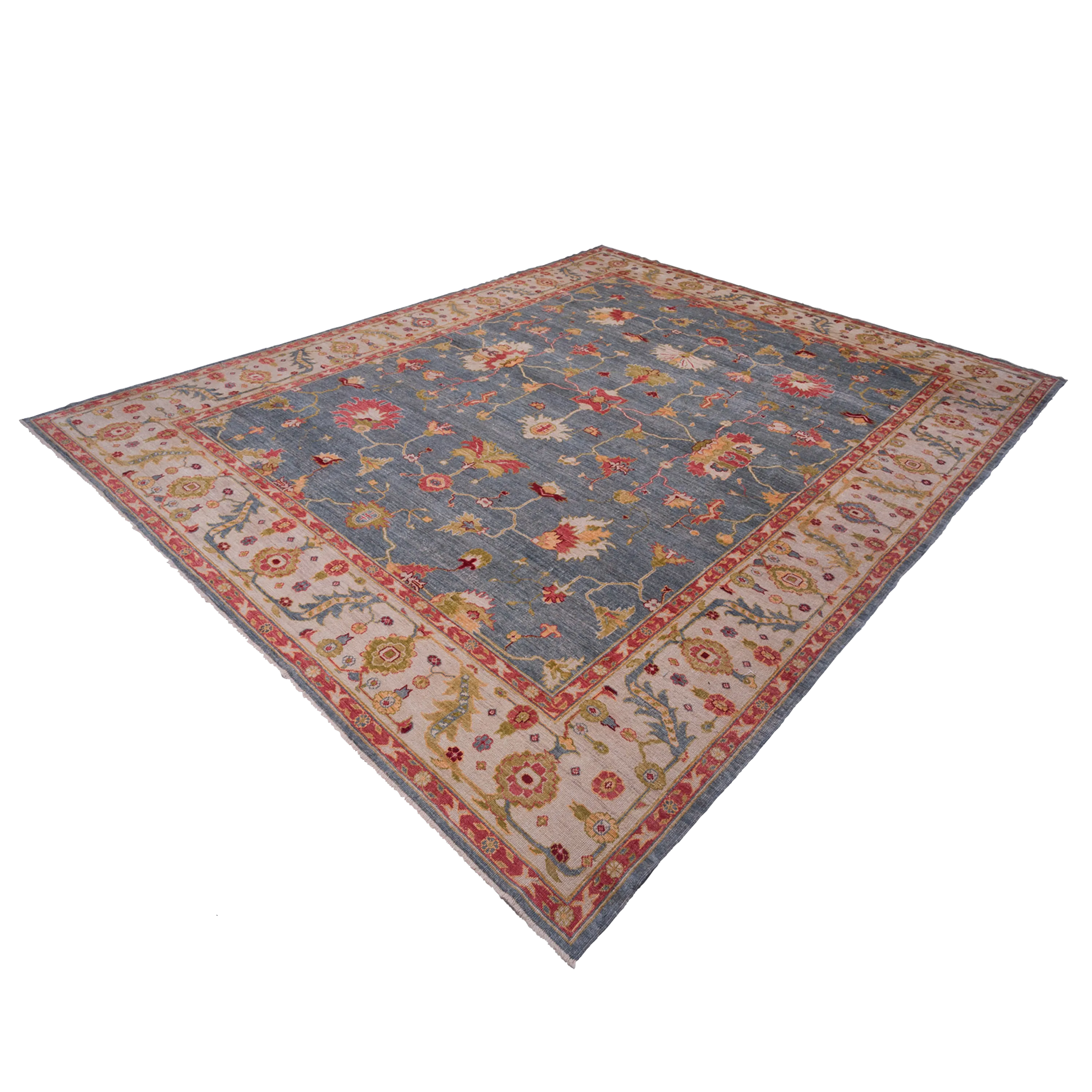 Blue and Red Oushak Angora Wool Rug - 13'7" x 17'