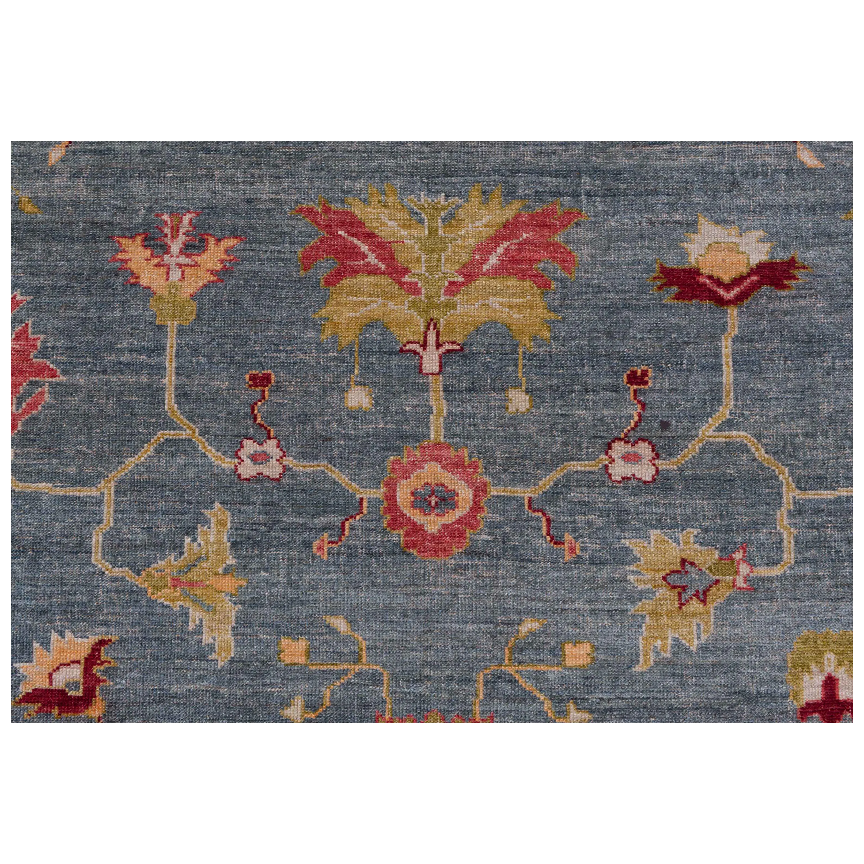 Blue and Red Oushak Angora Wool Rug - 13'7" x 17'