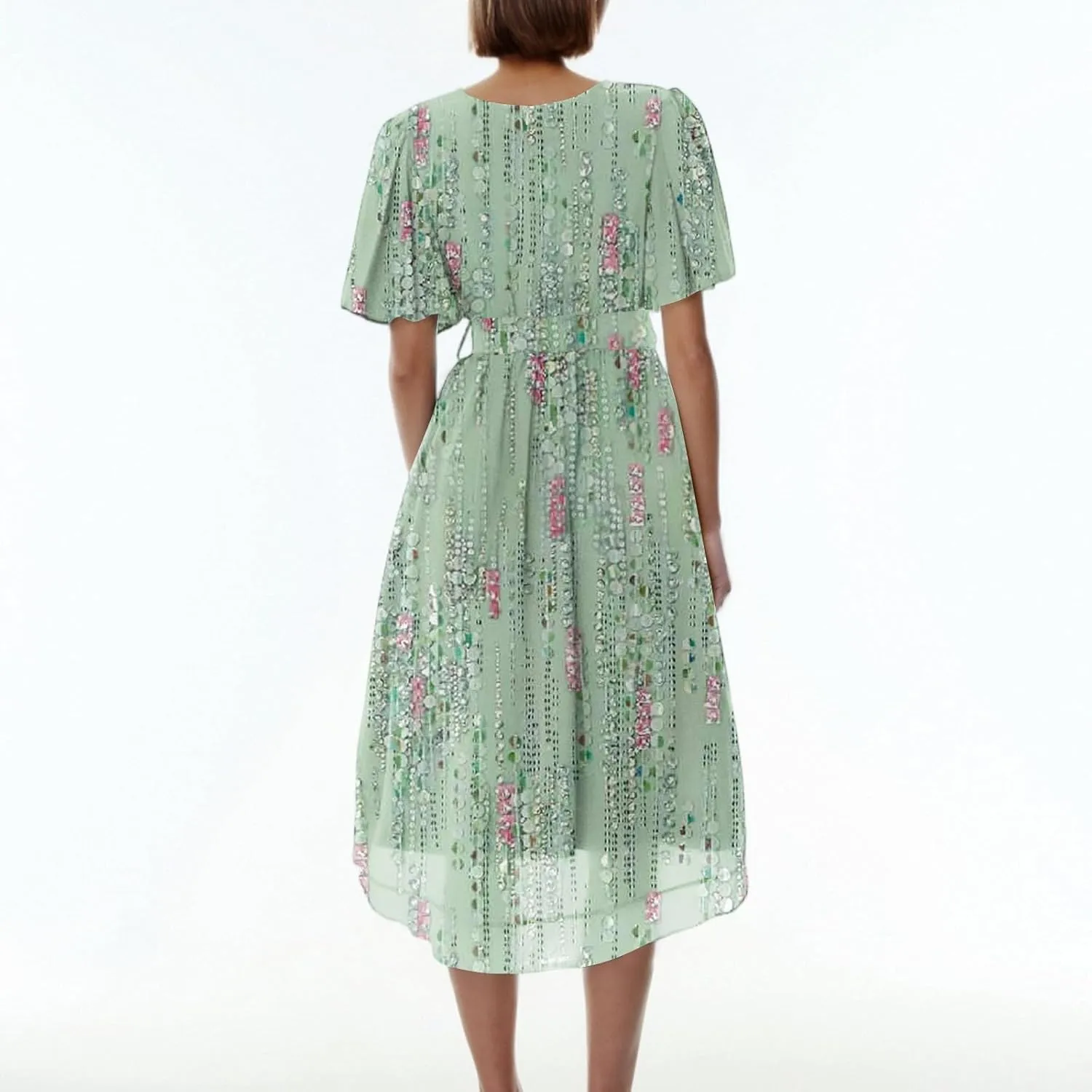 Boho Dresses for Women,2025 Summer Trendy Floral Chiffon Midi Dress,Elegant V Neck Belted Flowy Beach Vacation Dress