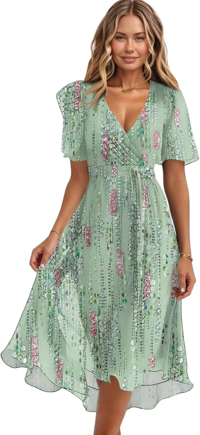 Boho Dresses for Women,2025 Summer Trendy Floral Chiffon Midi Dress,Elegant V Neck Belted Flowy Beach Vacation Dress