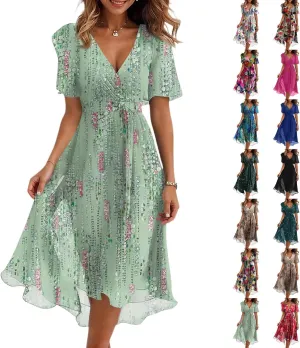 Boho Dresses for Women,2025 Summer Trendy Floral Chiffon Midi Dress,Elegant V Neck Belted Flowy Beach Vacation Dress