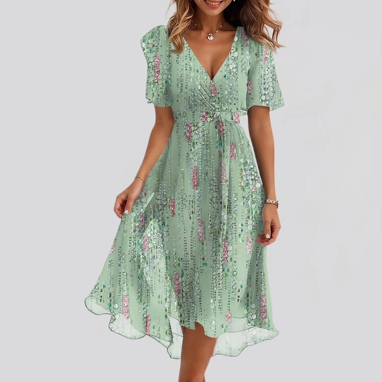 Boho Dresses for Women,2025 Summer Trendy Floral Chiffon Midi Dress,Elegant V Neck Belted Flowy Beach Vacation Dress