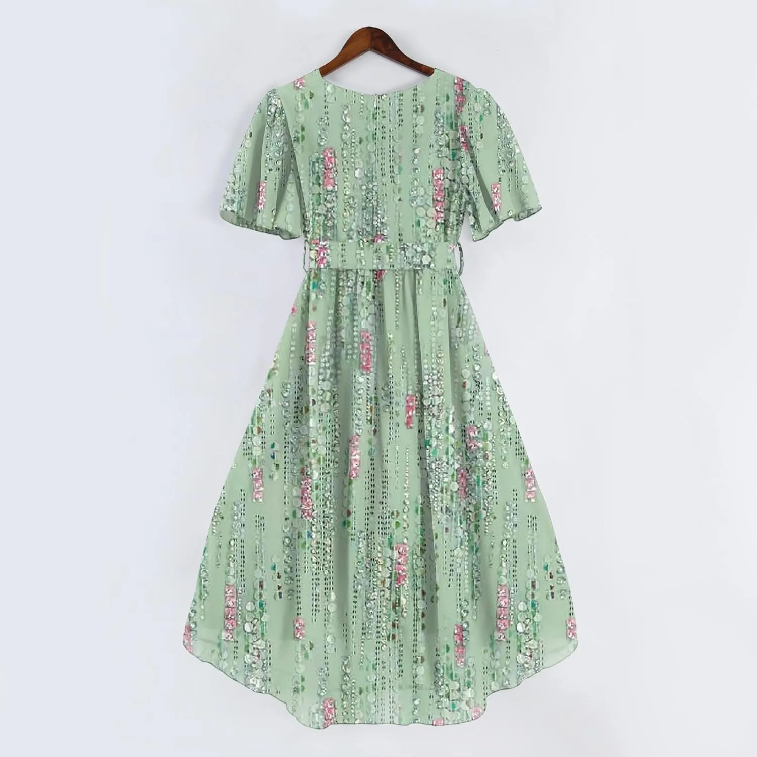 Boho Dresses for Women,2025 Summer Trendy Floral Chiffon Midi Dress,Elegant V Neck Belted Flowy Beach Vacation Dress