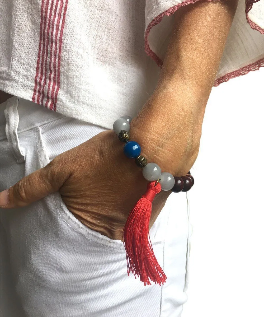 Bracelet mala tibetain agathes grises, bleues et pompon - Jewels of Mala