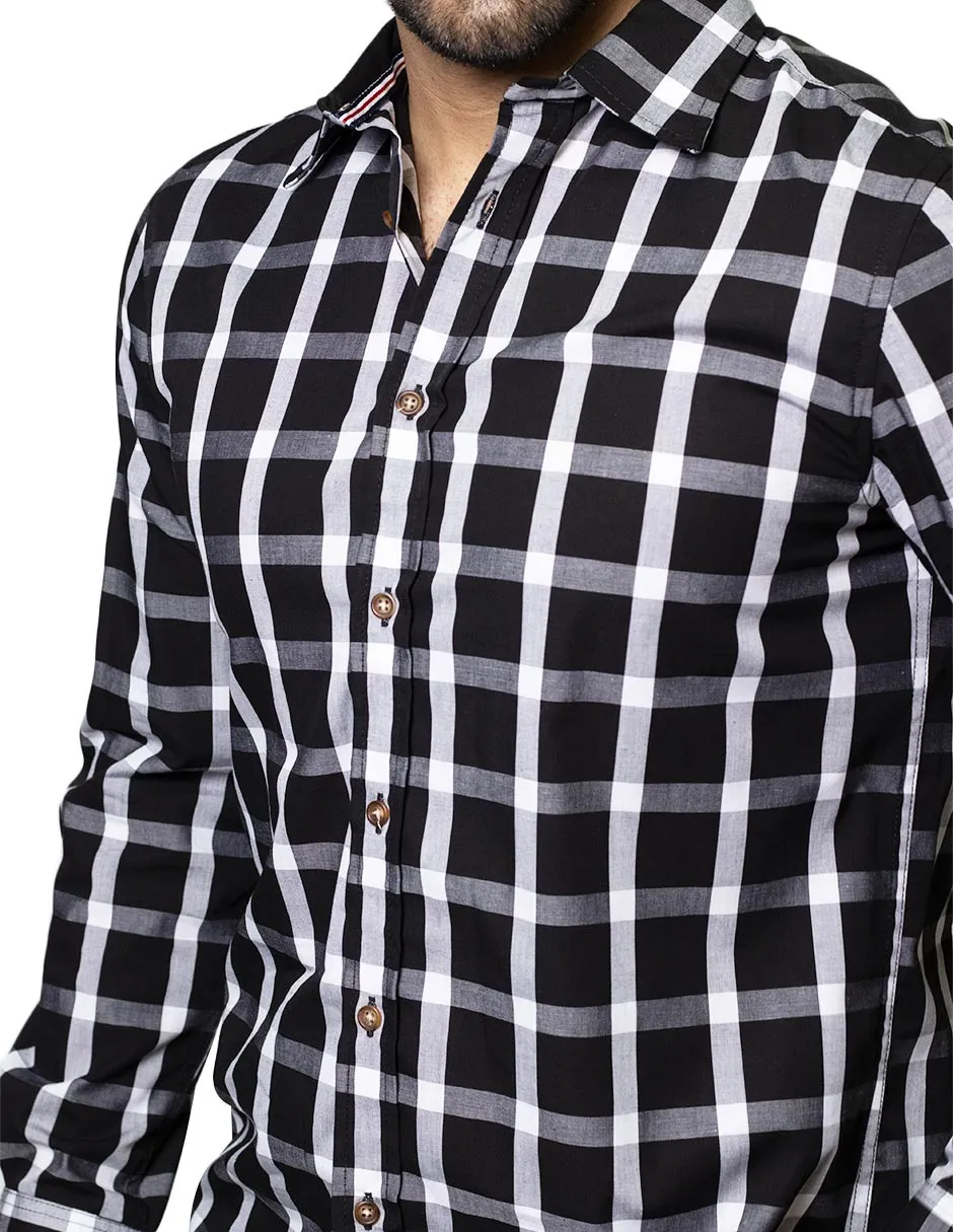Camisas Hombre Casuales De Manga Larga Con Estampado De Cuadros De Algodón Slim Fit B35106 Negro