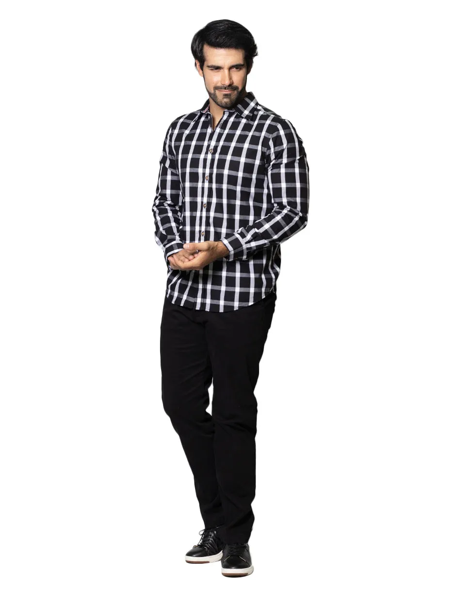 Camisas Hombre Casuales De Manga Larga Con Estampado De Cuadros De Algodón Slim Fit B35106 Negro
