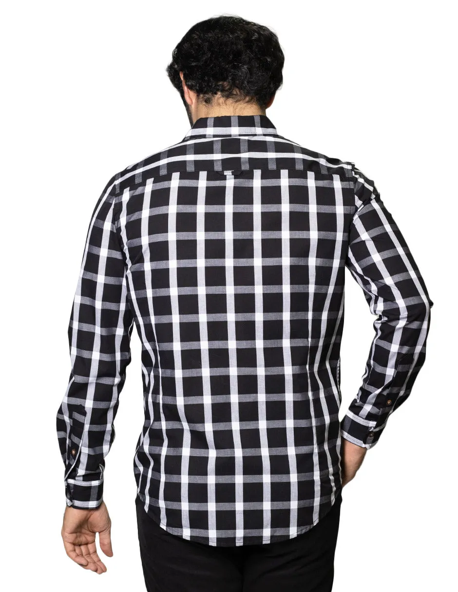 Camisas Hombre Casuales De Manga Larga Con Estampado De Cuadros De Algodón Slim Fit B35106 Negro