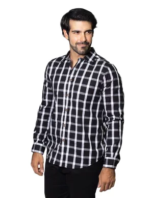 Camisas Hombre Casuales De Manga Larga Con Estampado De Cuadros De Algodón Slim Fit B35106 Negro