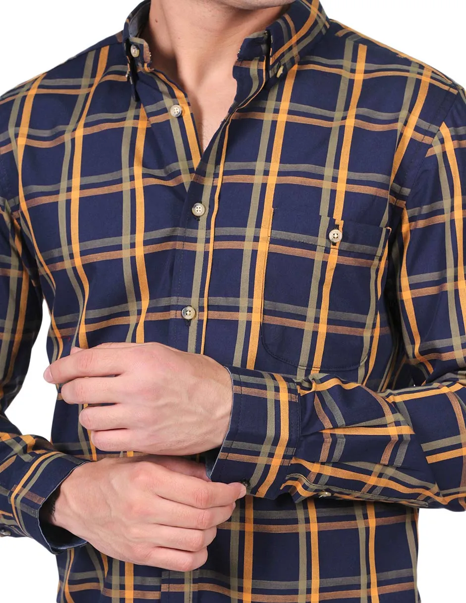 Camisas Hombre Casuales Moda Manga Larga Cuadros Marino B25126