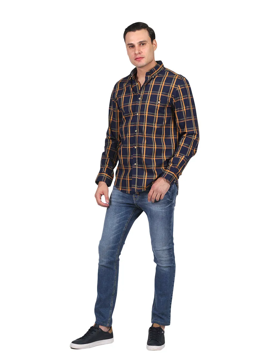 Camisas Hombre Casuales Moda Manga Larga Cuadros Marino B25126