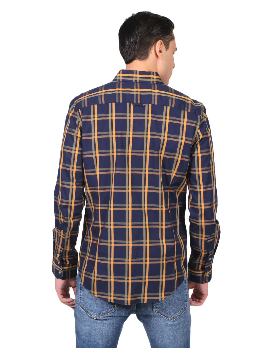 Camisas Hombre Casuales Moda Manga Larga Cuadros Marino B25126