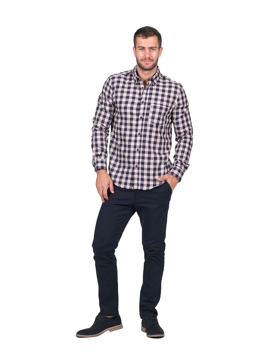 Camisas Hombre Casuales Moda Regular Fit Manga Larga Cuadros Kaki B25220
