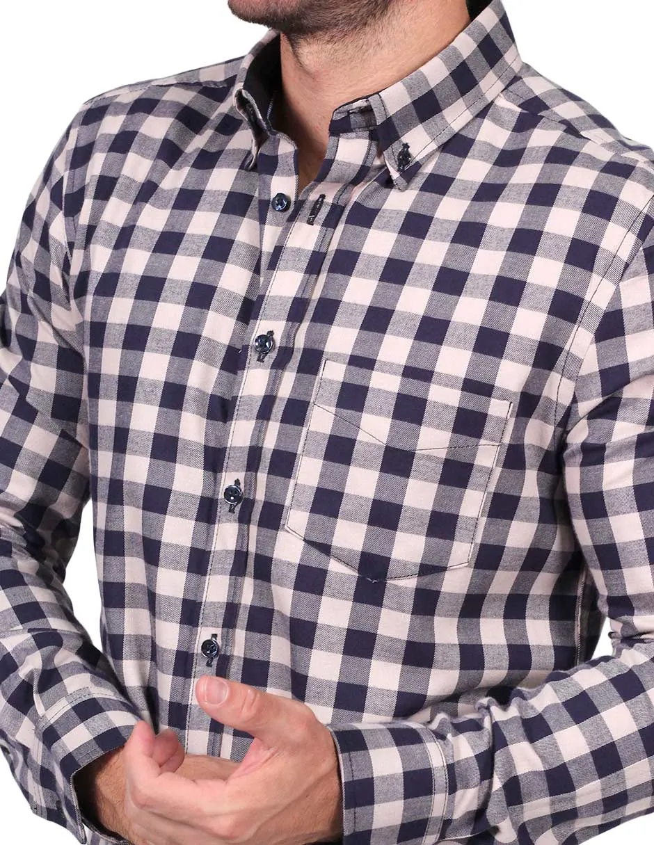 Camisas Hombre Casuales Moda Regular Fit Manga Larga Cuadros Kaki B25220