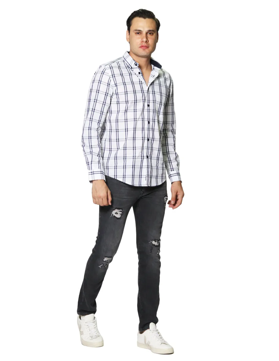 Camisas Para Hombre De Manga Larga Con Estampado De Cuadros Regular Fit B35219 Blanco