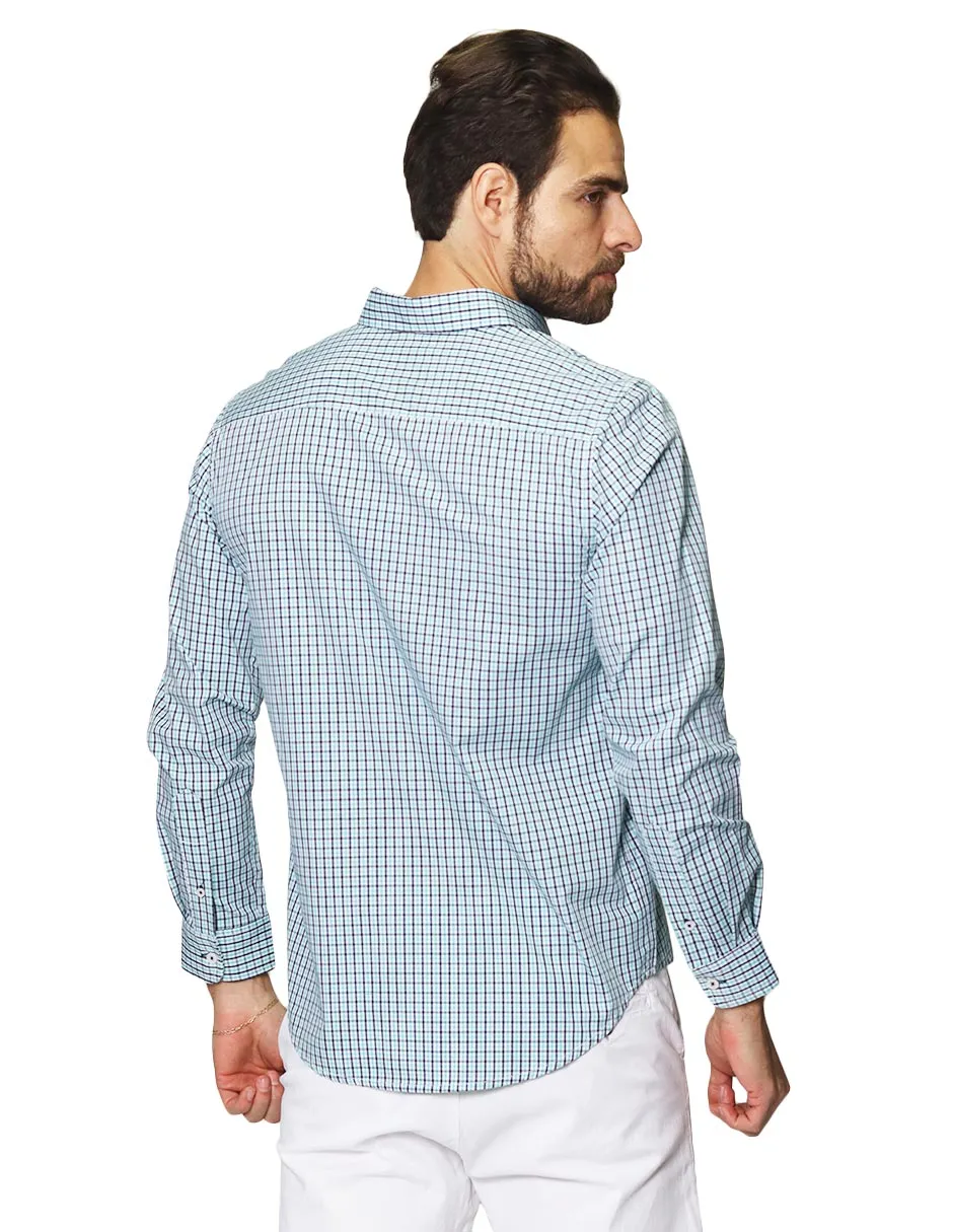 Camisas Para Hombre De Manga Larga Cuello Americano Con Estampado De Cuadros Regular Fit B41216 Menta