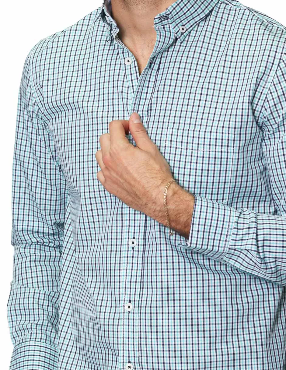 Camisas Para Hombre De Manga Larga Cuello Americano Con Estampado De Cuadros Regular Fit B41216 Menta