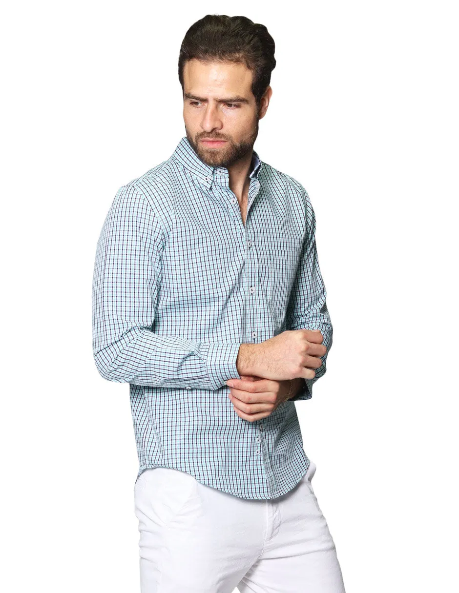 Camisas Para Hombre De Manga Larga Cuello Americano Con Estampado De Cuadros Regular Fit B41216 Menta