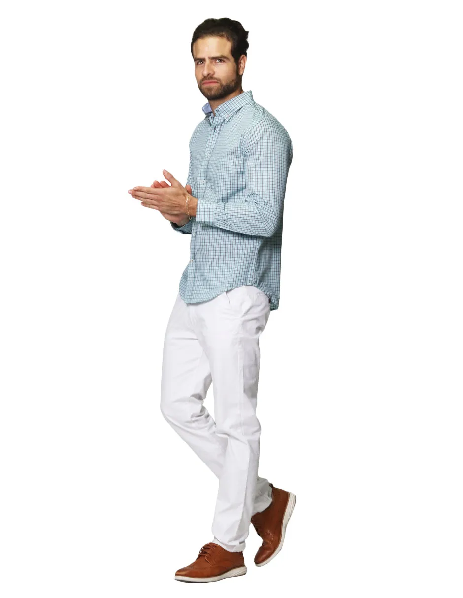 Camisas Para Hombre De Manga Larga Cuello Americano Con Estampado De Cuadros Regular Fit B41216 Menta