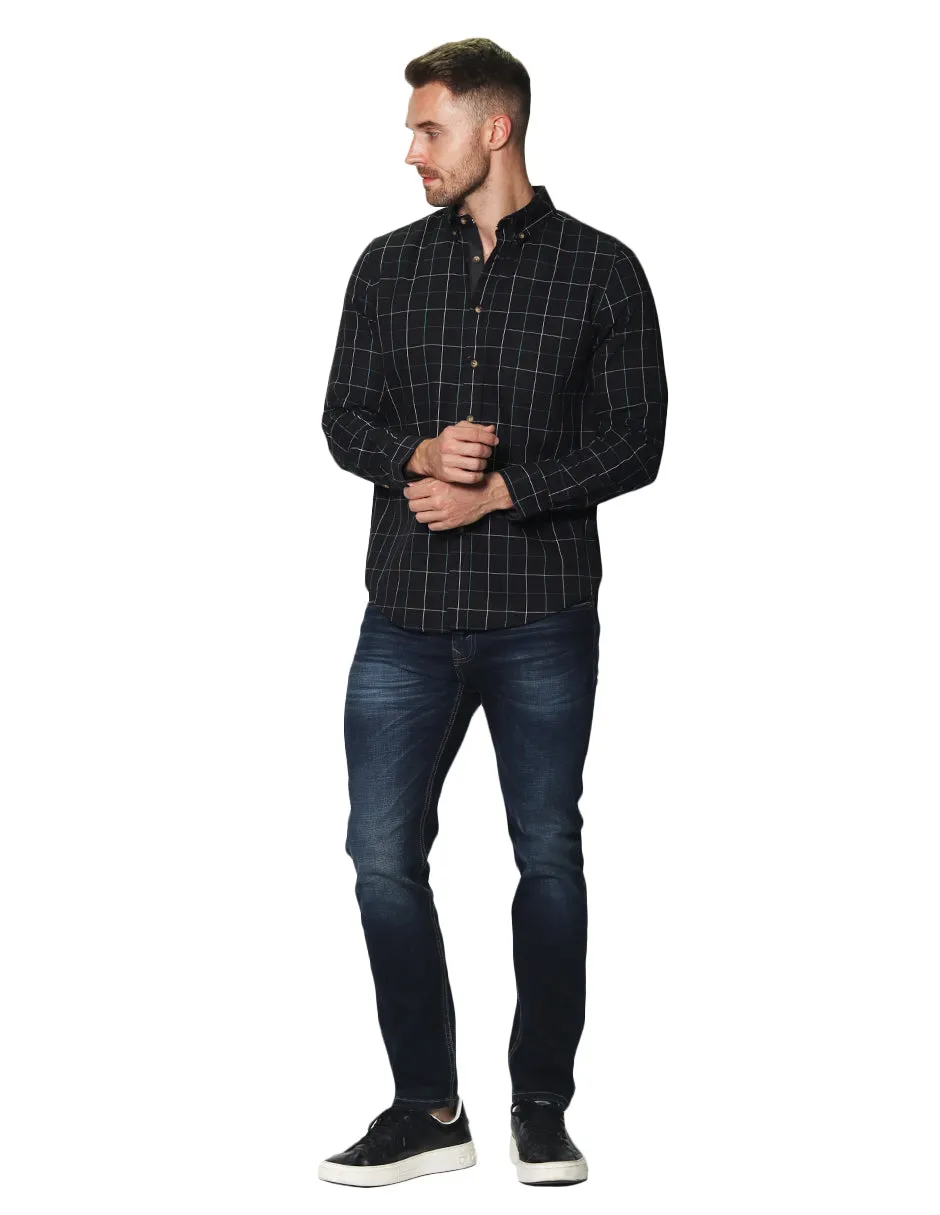 Camisas Para Hombre Manga Larga Cuadros B45114 Negro