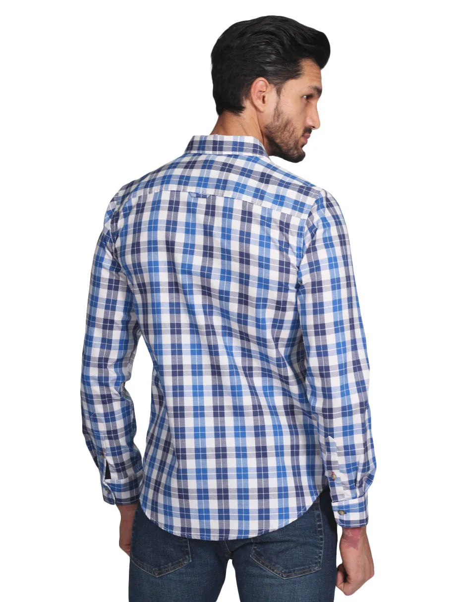 Camisas Para Hombre Manga Larga Cuadros Slim Fit Azul B21106