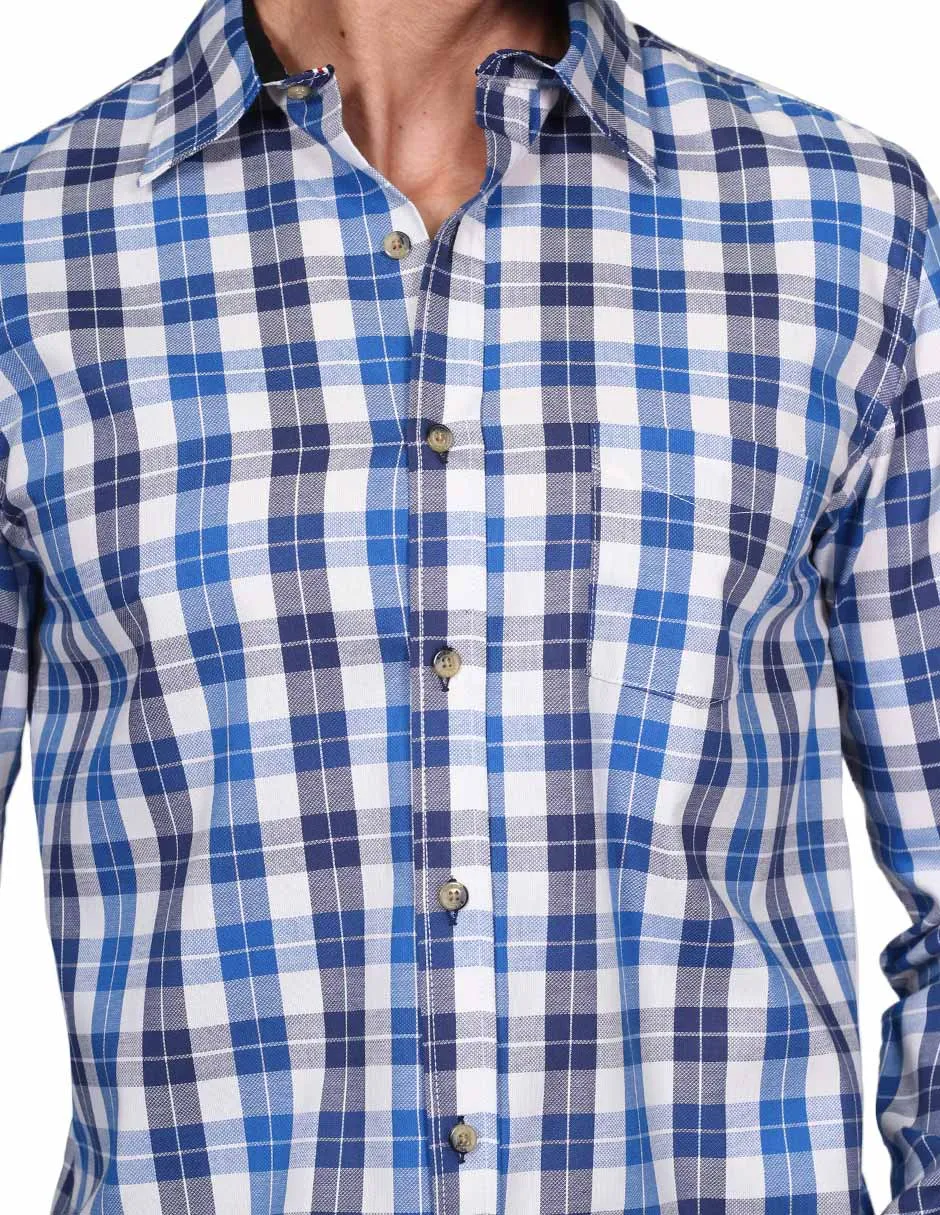 Camisas Para Hombre Manga Larga Cuadros Slim Fit Azul B21106