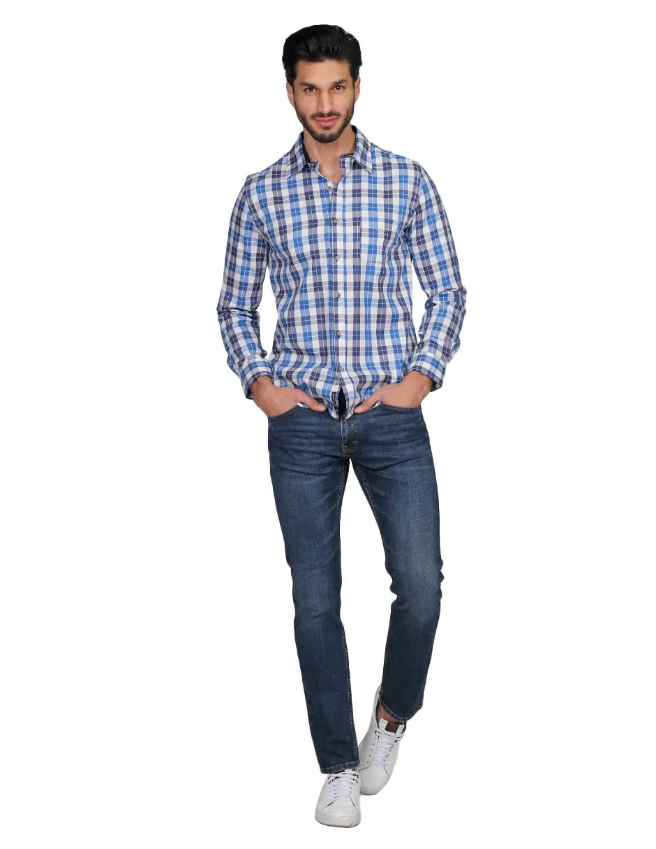 Camisas Para Hombre Manga Larga Cuadros Slim Fit Azul B21106