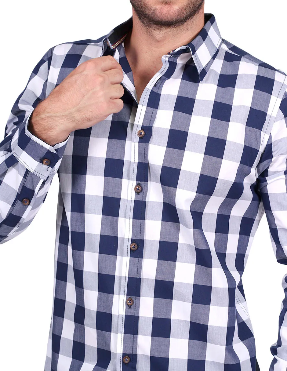 Camisas Para Hombre Manga Larga Estampado Cuadros Slim Fit Blanco B25115