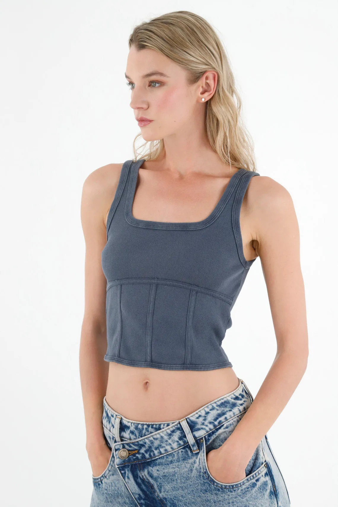 Camiseta manga sisa gris para mujer