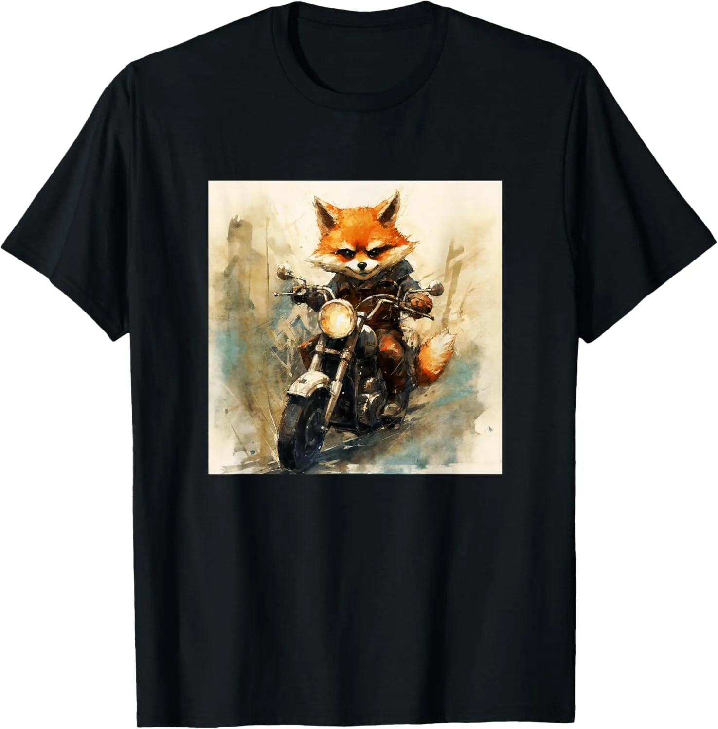 Colorful Artistic Sketch Oil Painting Of A Fox & Motorcycle T-Shirt