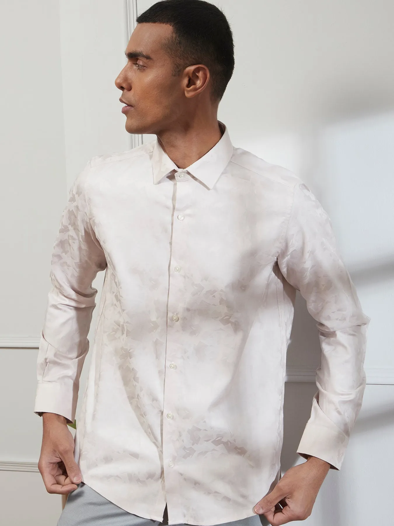 Cotton Cream Jacquard Slim Fit Full Sleeve Ceremonial Shirt