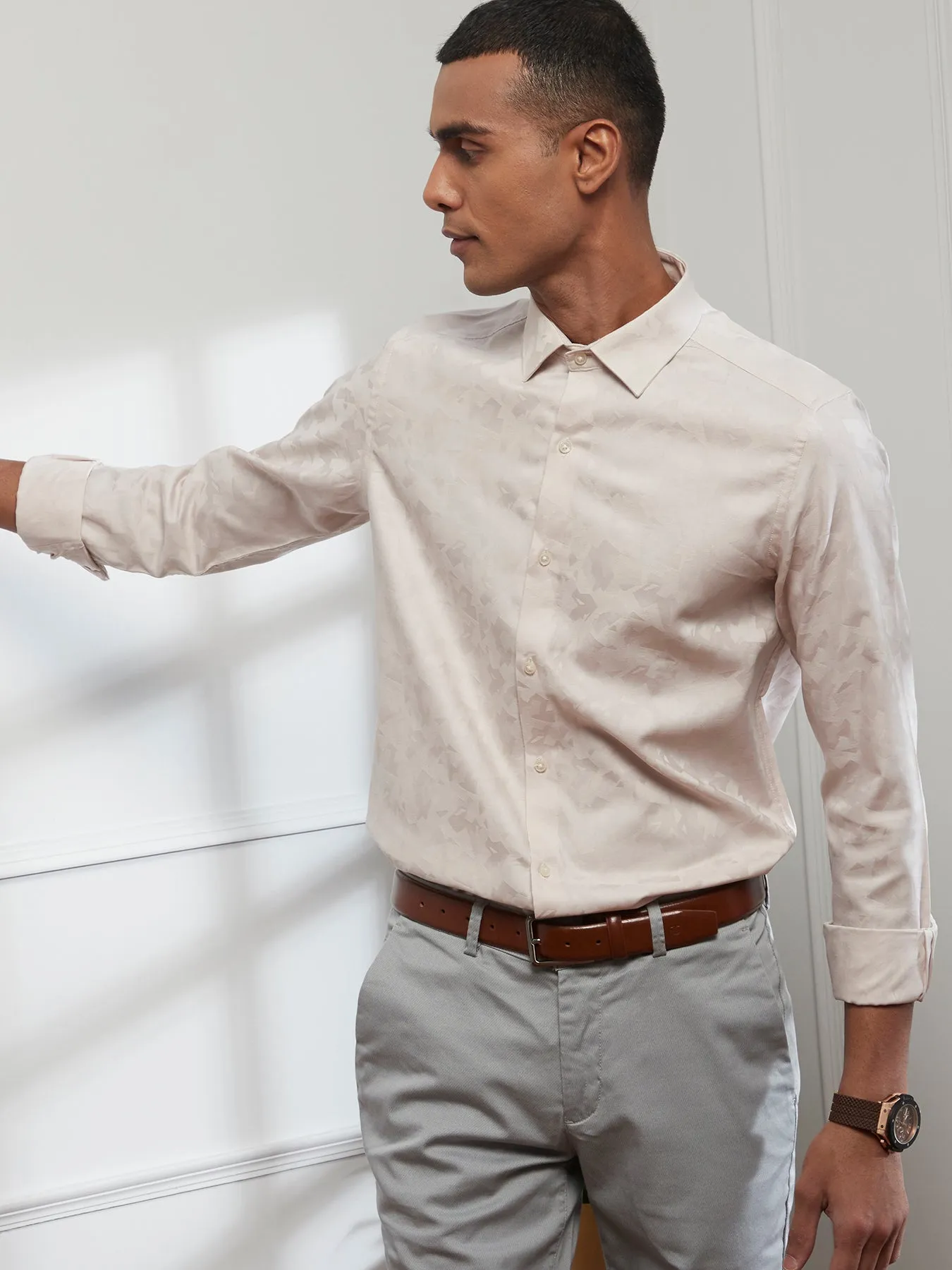 Cotton Cream Jacquard Slim Fit Full Sleeve Ceremonial Shirt