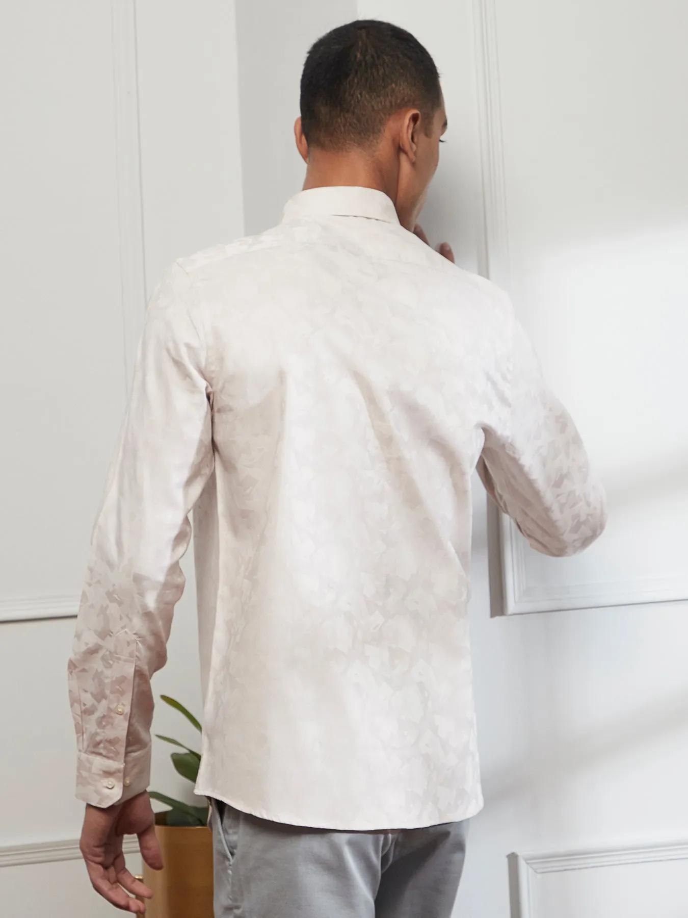Cotton Cream Jacquard Slim Fit Full Sleeve Ceremonial Shirt