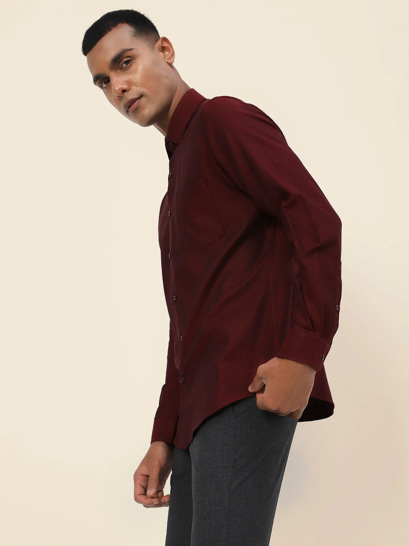 Cotton Maroon Dobby Slim Fit Full Sleeve Formal Shirt