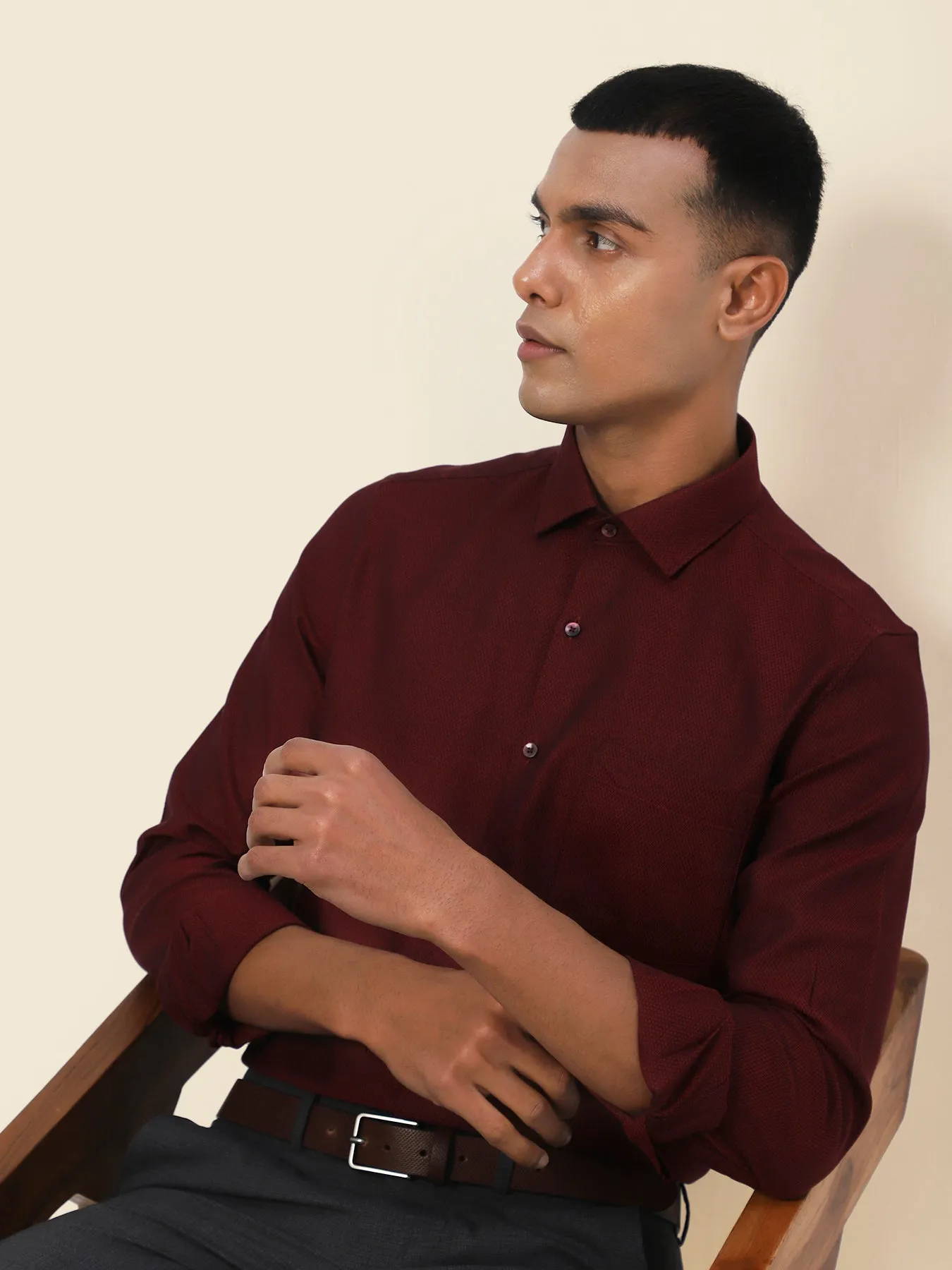 Cotton Maroon Dobby Slim Fit Full Sleeve Formal Shirt