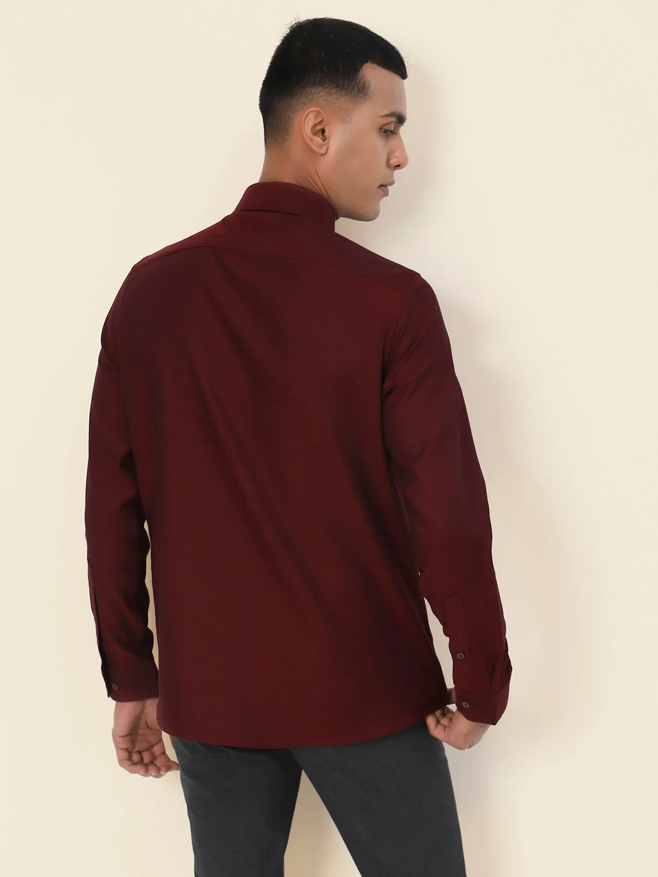 Cotton Maroon Dobby Slim Fit Full Sleeve Formal Shirt