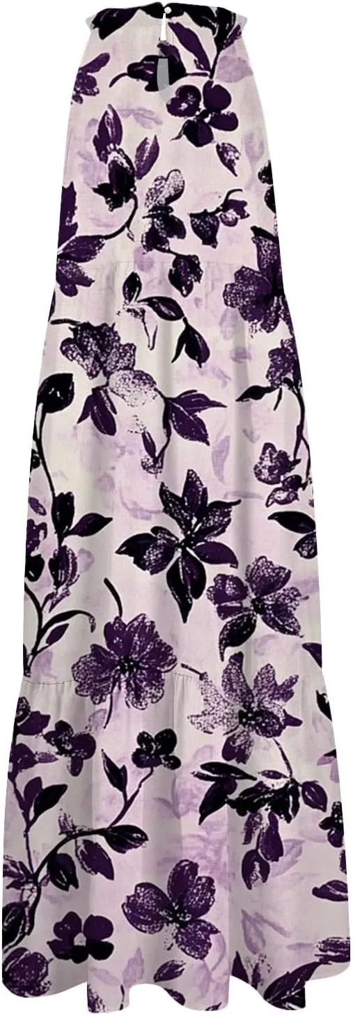 Dresses for Women 2025 Sleeveless Floral Print Tank Dresses Hanging Neck Splicing Beach Dress Swing Sundresses