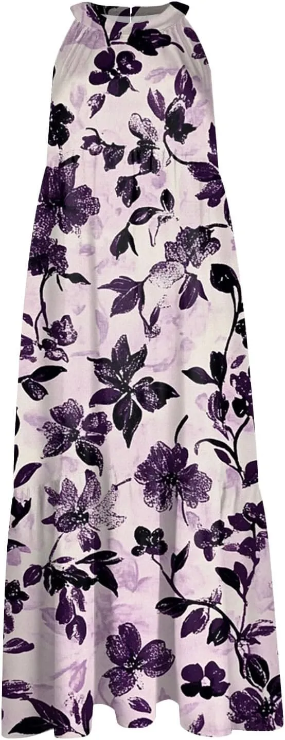 Dresses for Women 2025 Sleeveless Floral Print Tank Dresses Hanging Neck Splicing Beach Dress Swing Sundresses